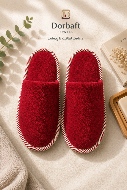 دمپایی حوله ای لژ دار قرمز